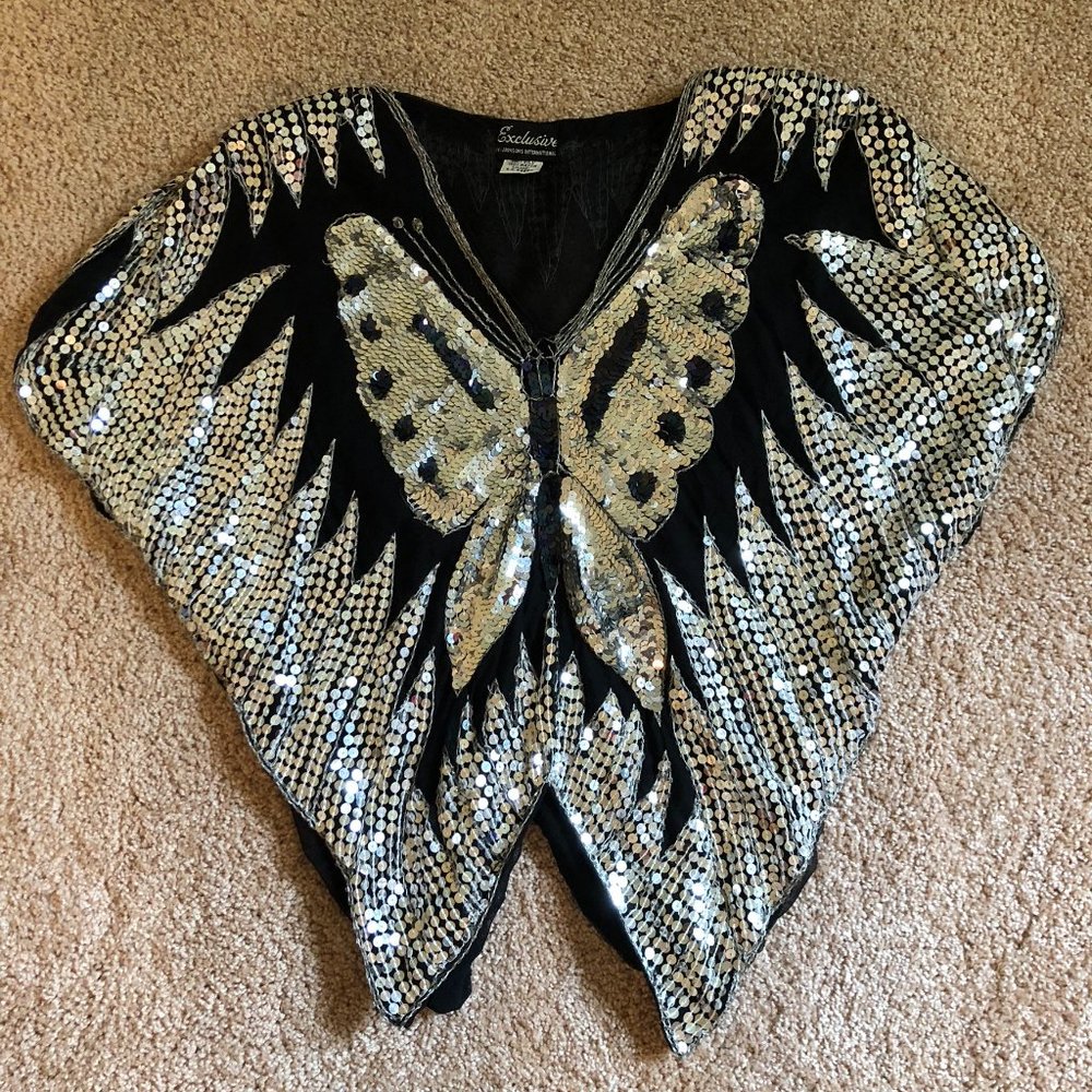 Jainsons International Vintage Butterfly Sequin Black and Silver Silk Top
